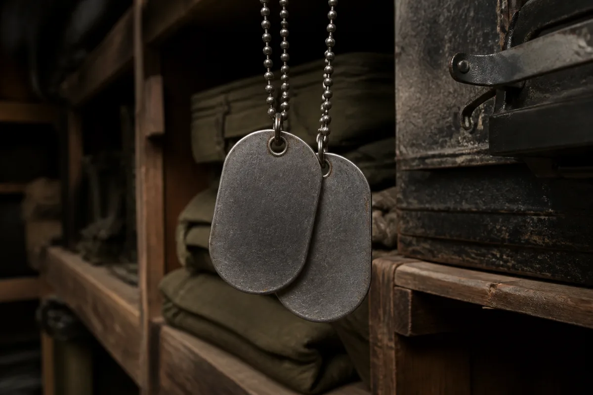 Deux plaques d’identité militaires ovales suspendues à une chaîne à billes sur un fond sombre