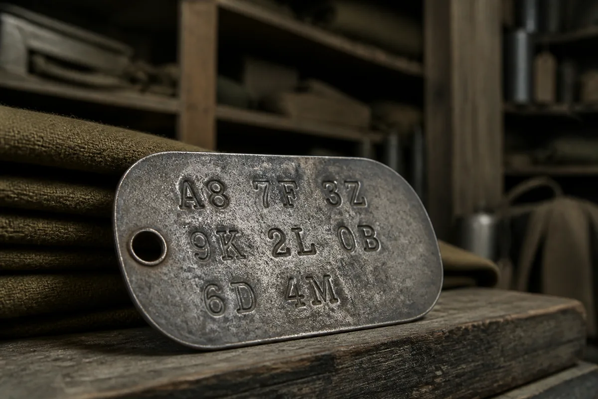 Détail rapproché d’une plaque militaire métallique montrant les caractères frappés en relief