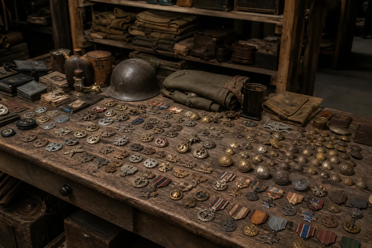 Table d’exposition couverte d’insignes militaires, de boutons et de petits objets de collection