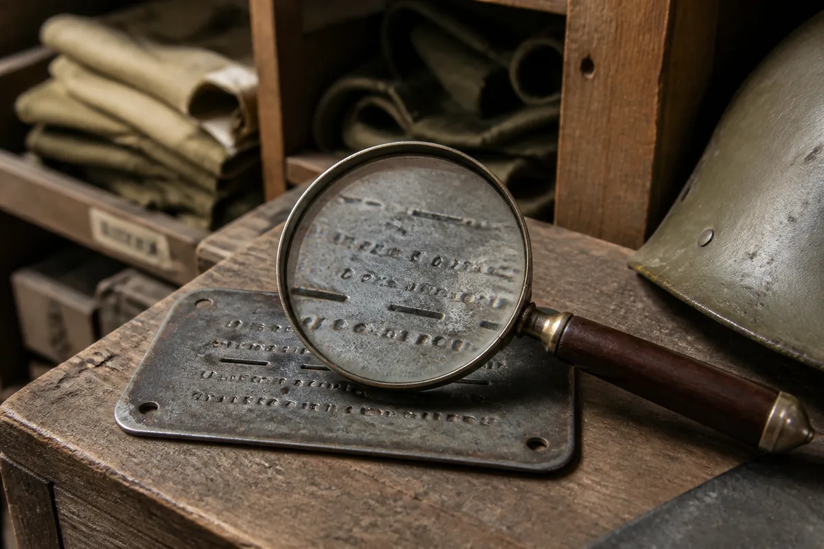 Loupe posée sur une plaque métallique militaire ancienne, marquages en creux visibles