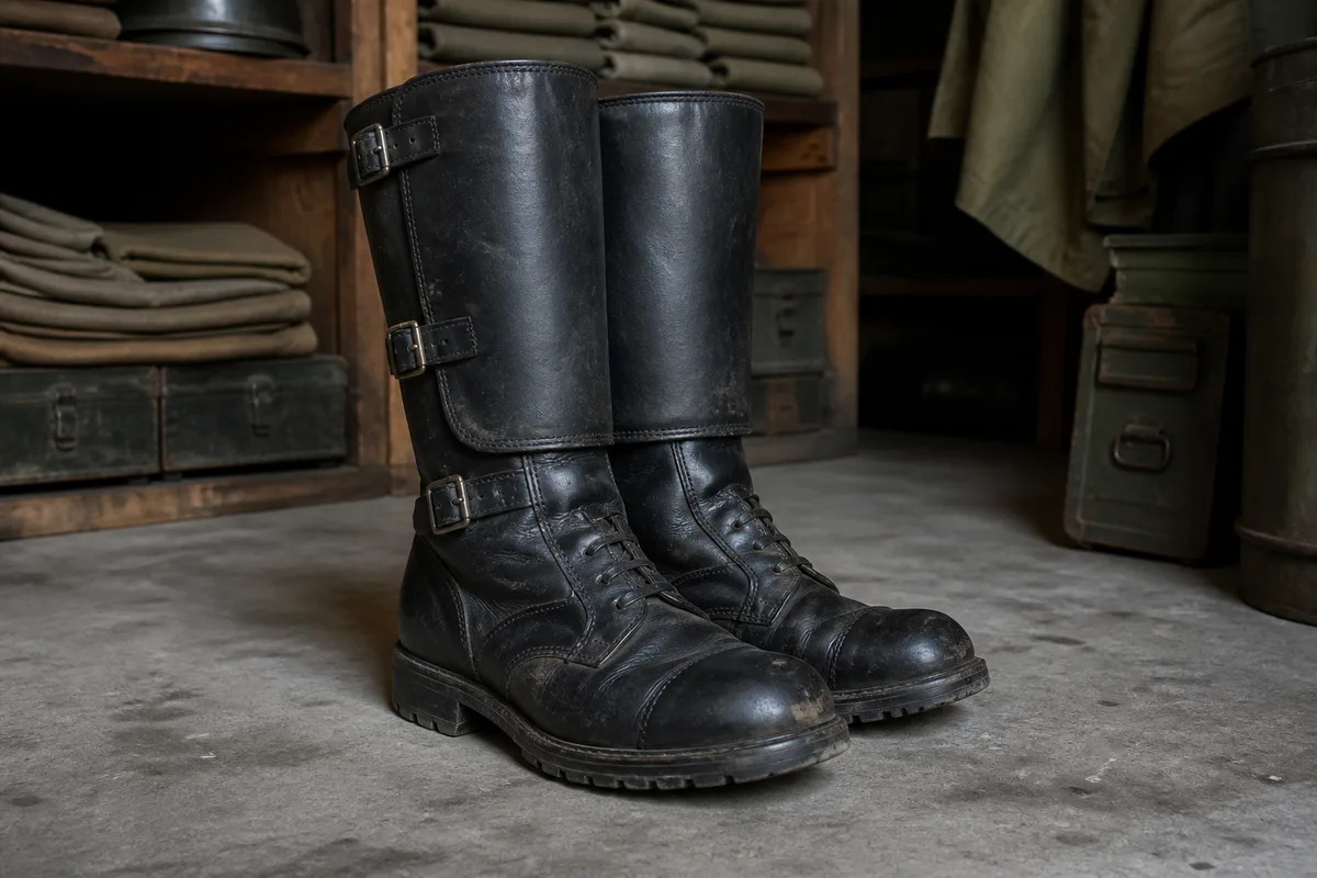 Paire de brodequins militaires en cuir noir avec jambière à boucles posée sur un sol de béton