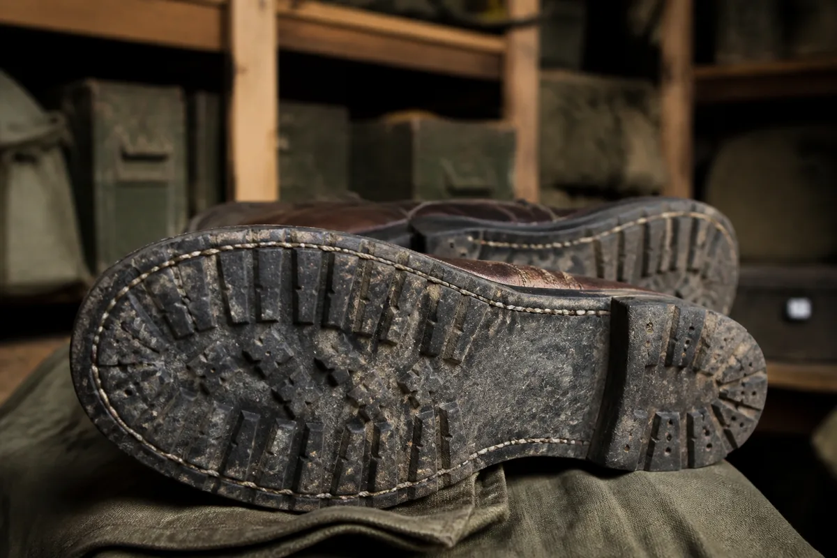 Détail d’une semelle de brodequin militaire cousue, crampons usés et fil de couture visible