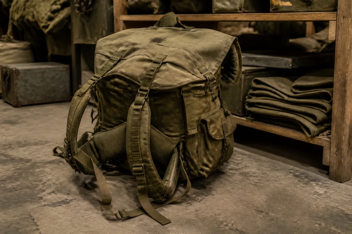 Sac à dos militaire en toile kaki posé au sol avec sangles et bretelles déployées