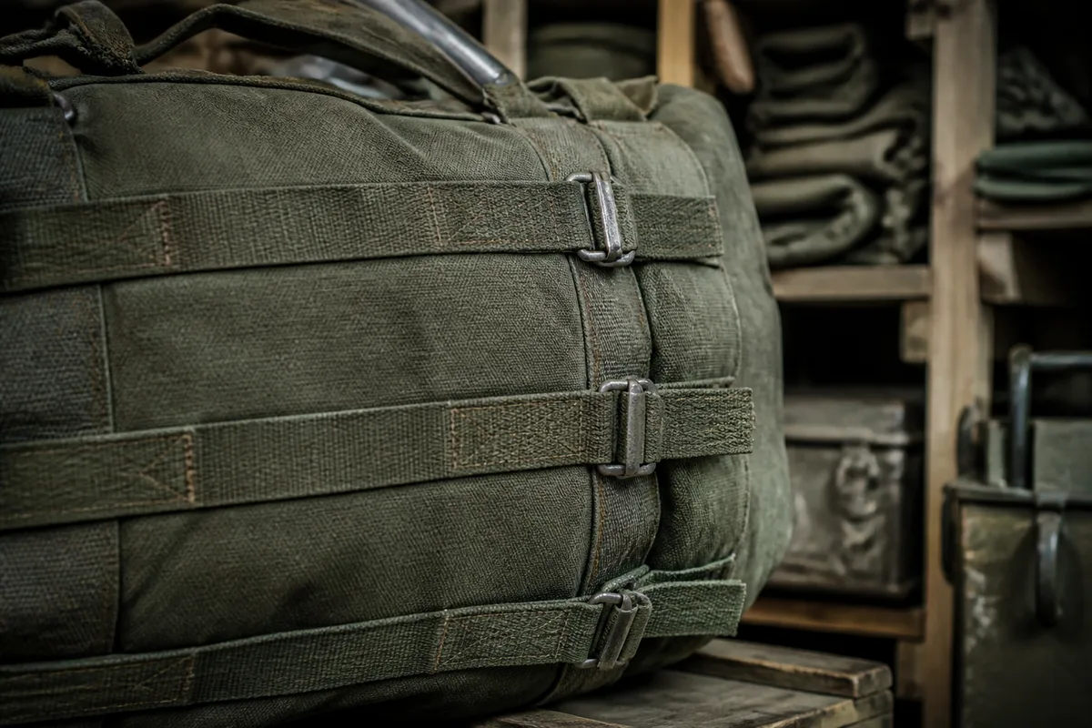 Détail de sangles horizontales cousues et de boucles métalliques sur un sac militaire vert