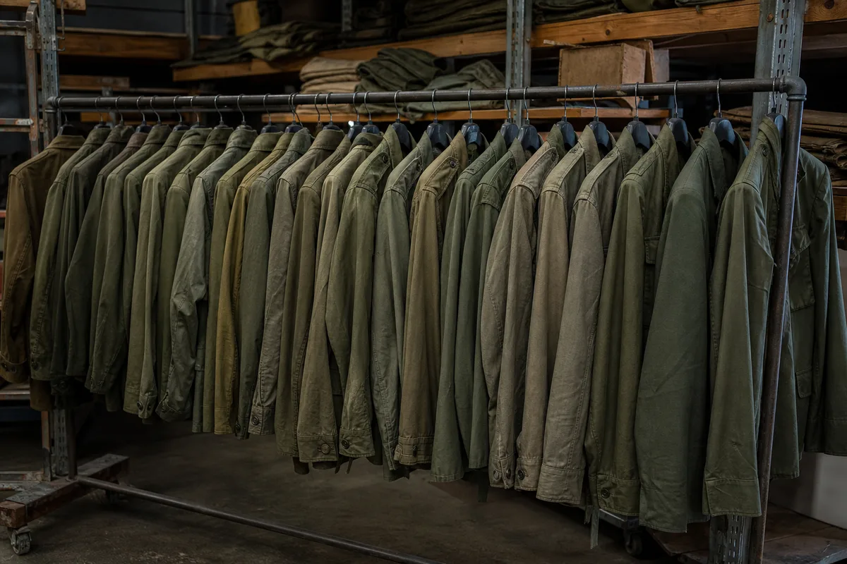 Rangée de vestes militaires kaki suspendues sur un portant dans une boutique de surplus
