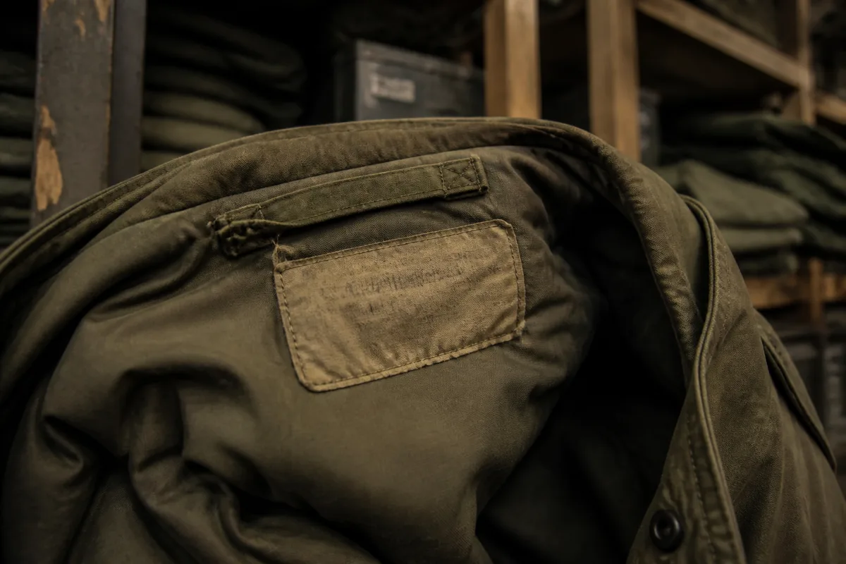 Étiquette de contrat cousue à l’intérieur d’une veste militaire américaine, texte partiellement effacé