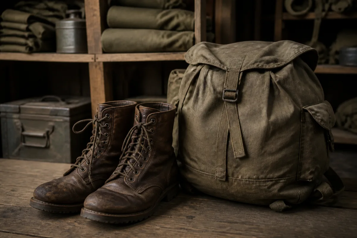 Paire de brodequins militaires en cuir posée près d’un sac à dos en toile kaki usée