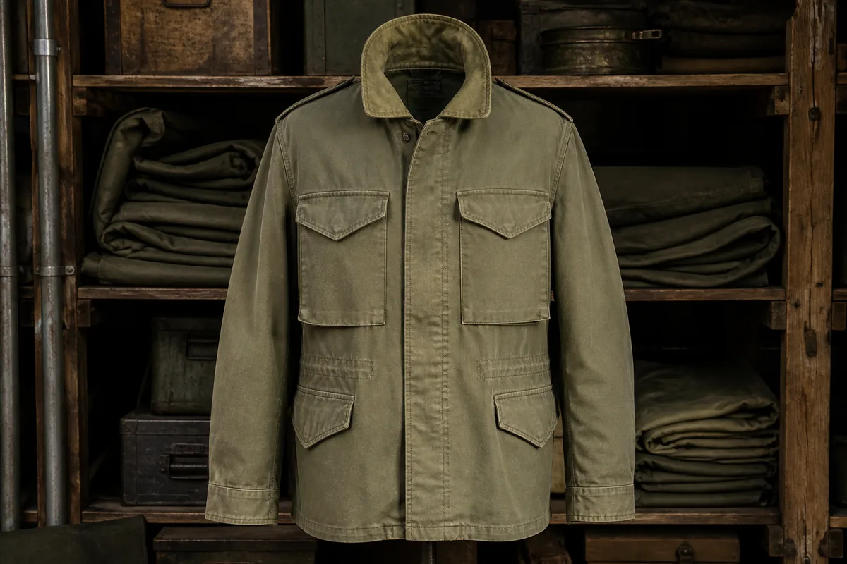 Veste de terrain militaire kaki vue de face, col relevé et poches à soufflet fermées