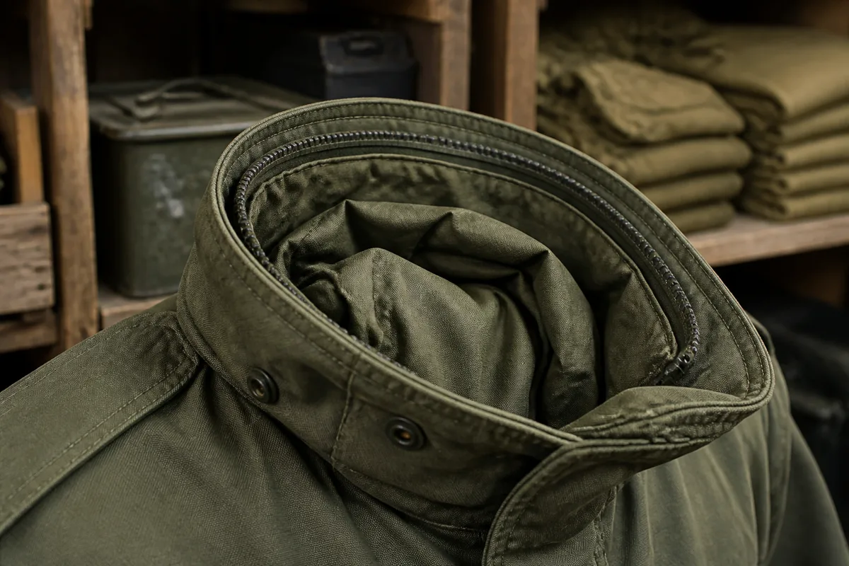 Détail d’un col de veste militaire ouvert laissant apparaître la capuche rangée à l’intérieur
